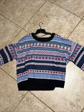 Blue Patterned Knit Sweater with Red Heart, Cherry, and Strawberry Accents